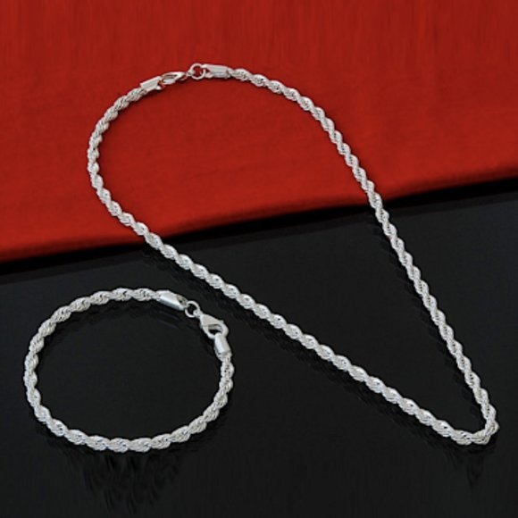 STERLING SILVER ROPE CHAIN NECKLACE  BRACELET SET UNISEX - Picture 2 of 6